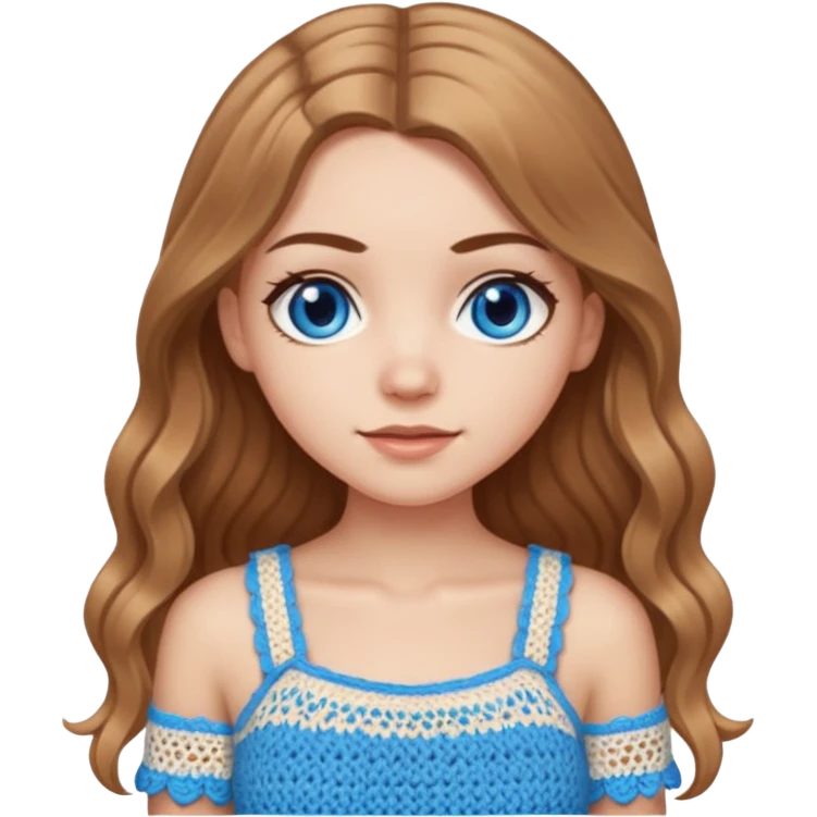 White Girl with long light brown hair and blue eyes wearing a cute crochet top emoji