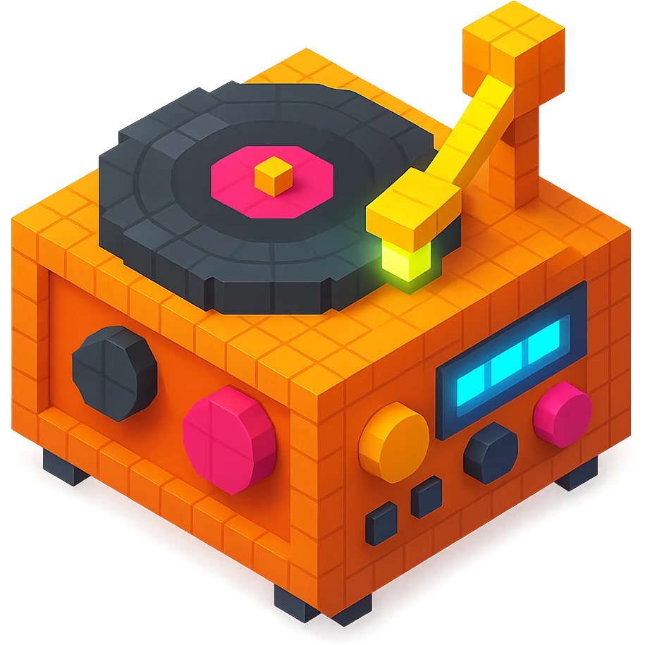 record player with spinning vinyl, glowing details, and a retro aesthetic emoji