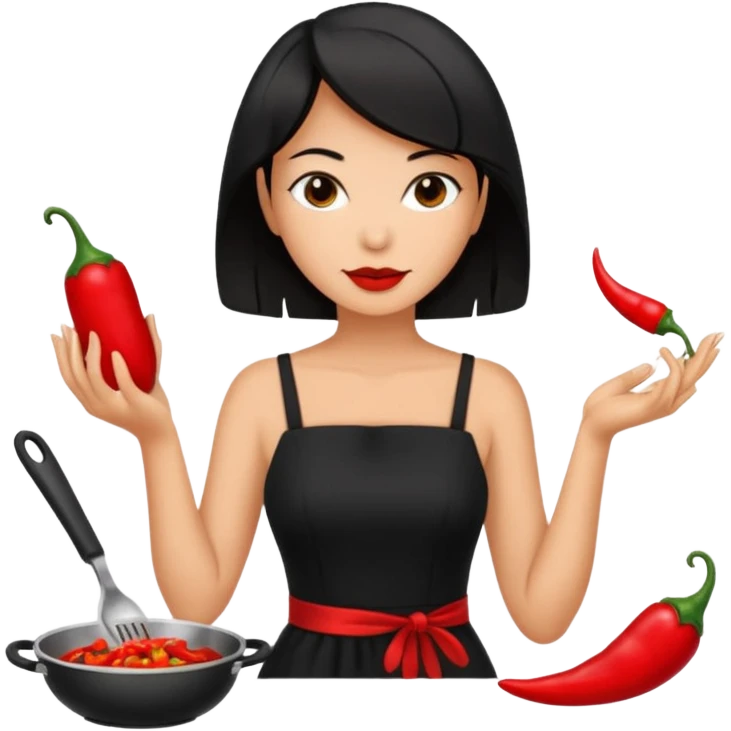 black short shoulder length hair tanned woman, black dress cooking, holding chili pepper emoji