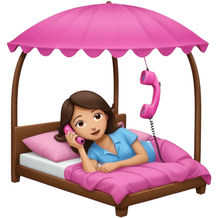 brunette woman laying on a canopy bed, holding a pink telephone to her ear, relaxed expression emoji