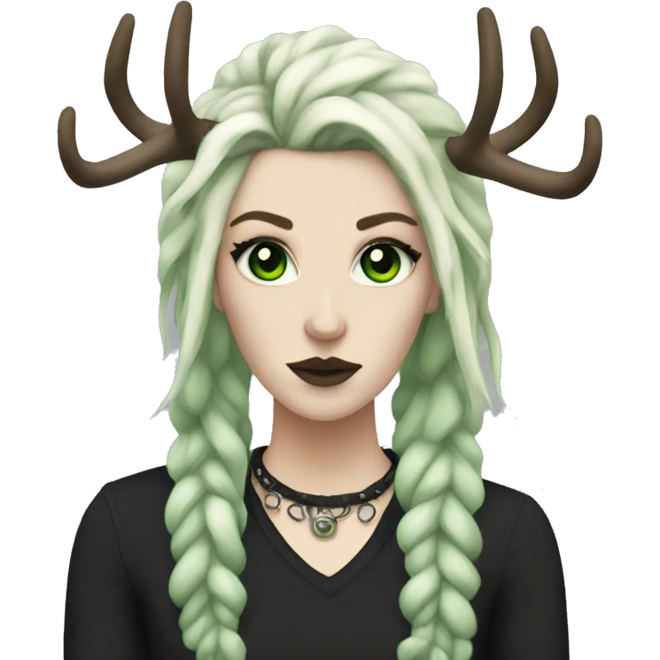Punk woman, pale skin, green eyes, black dreadlocks, eyeliner, deer antlers  emoji