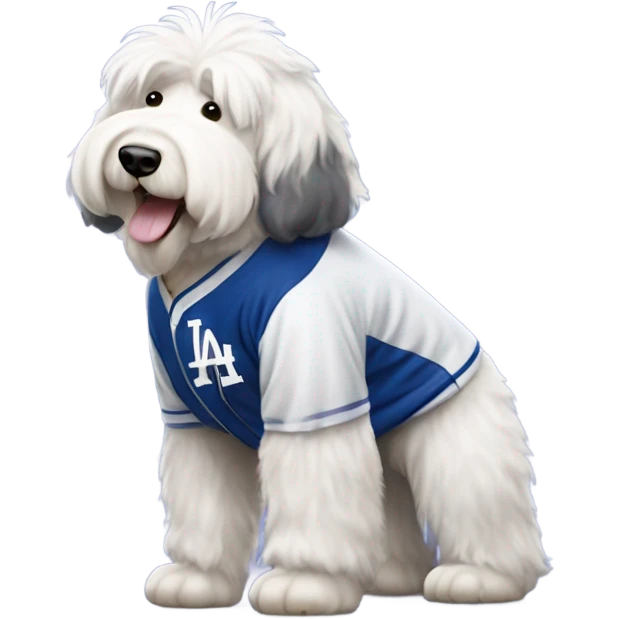 Old English Sheepdog full height wearing a Los Angeles dodgers baseball jersey emoji