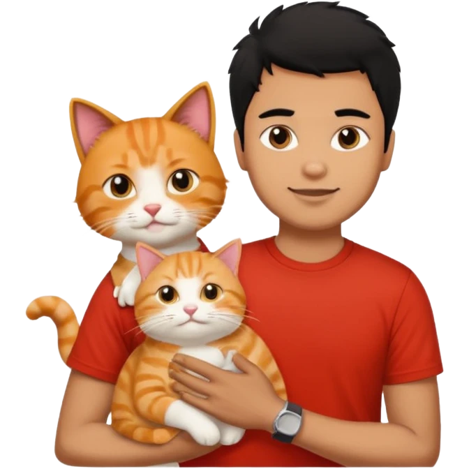 Brown guy with black hair in red t-shit with orange cat emoji