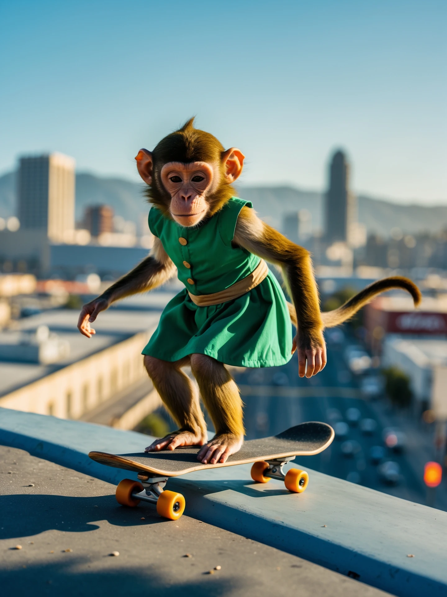 Disney style, Cinematic still scane, Low angle medium shot, monkey dress in green outfit, monkey ride on skateboard, san francisno downtown with city lanscape, blue clean sky, captured by ARRI Alexa XT, soft cinematic lightning emoji