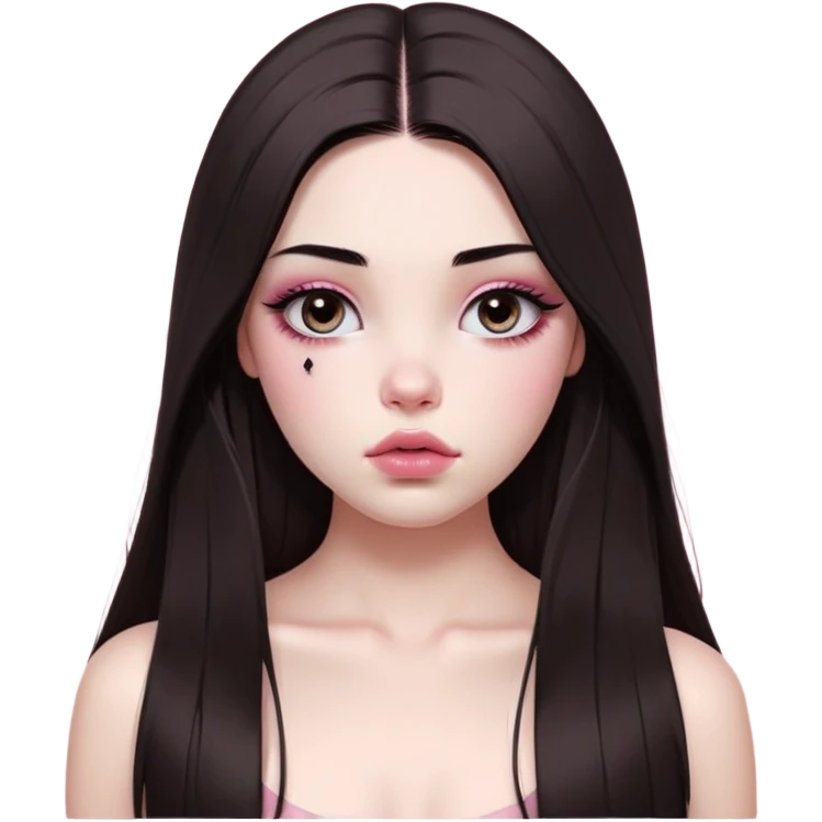 girl with white skin, dark brown long realistic straight hair with middle part prominently falling in front of her body over her shoulders, very big pouty extra shiny lips with absolutely no cupid's bow, big round shiny eyes with black eyeballs and huge eyelashes, no eyeshadow, pink blush on cheeks, lighter button nose, extremely long oval-shaped face, wearing a pink off-shoulder top, looking directly at camera with hands down at sides emoji