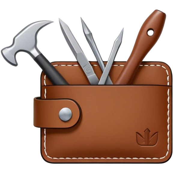 Leatherworking icon, piece of raw leather being crafted into a leather wallet or belt, professional tools like leather stitching awl, edge beveler, hammer, prying tool, minimalistic style, clean lines, transparent background. emoji