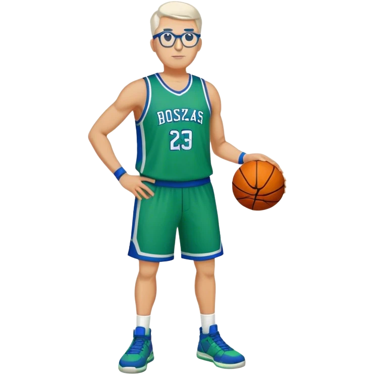 Full Body large white male basketball player wearing glasses wearing blue green uniform emoji
