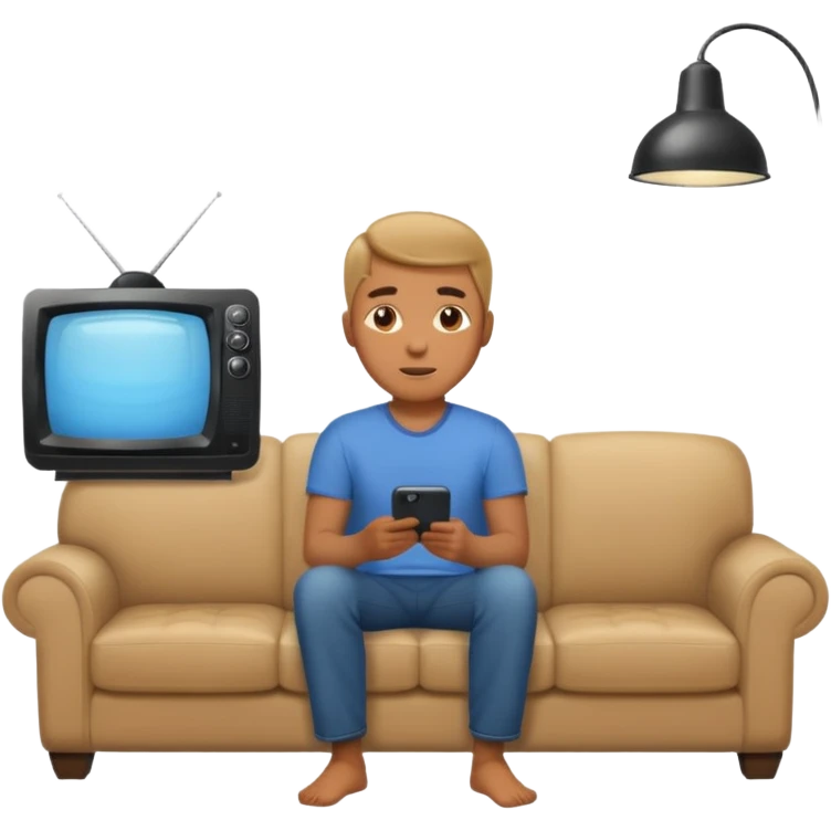 A man photographed from behind, sitting on a sofa and watching the news on TV. The setting is a living room. emoji