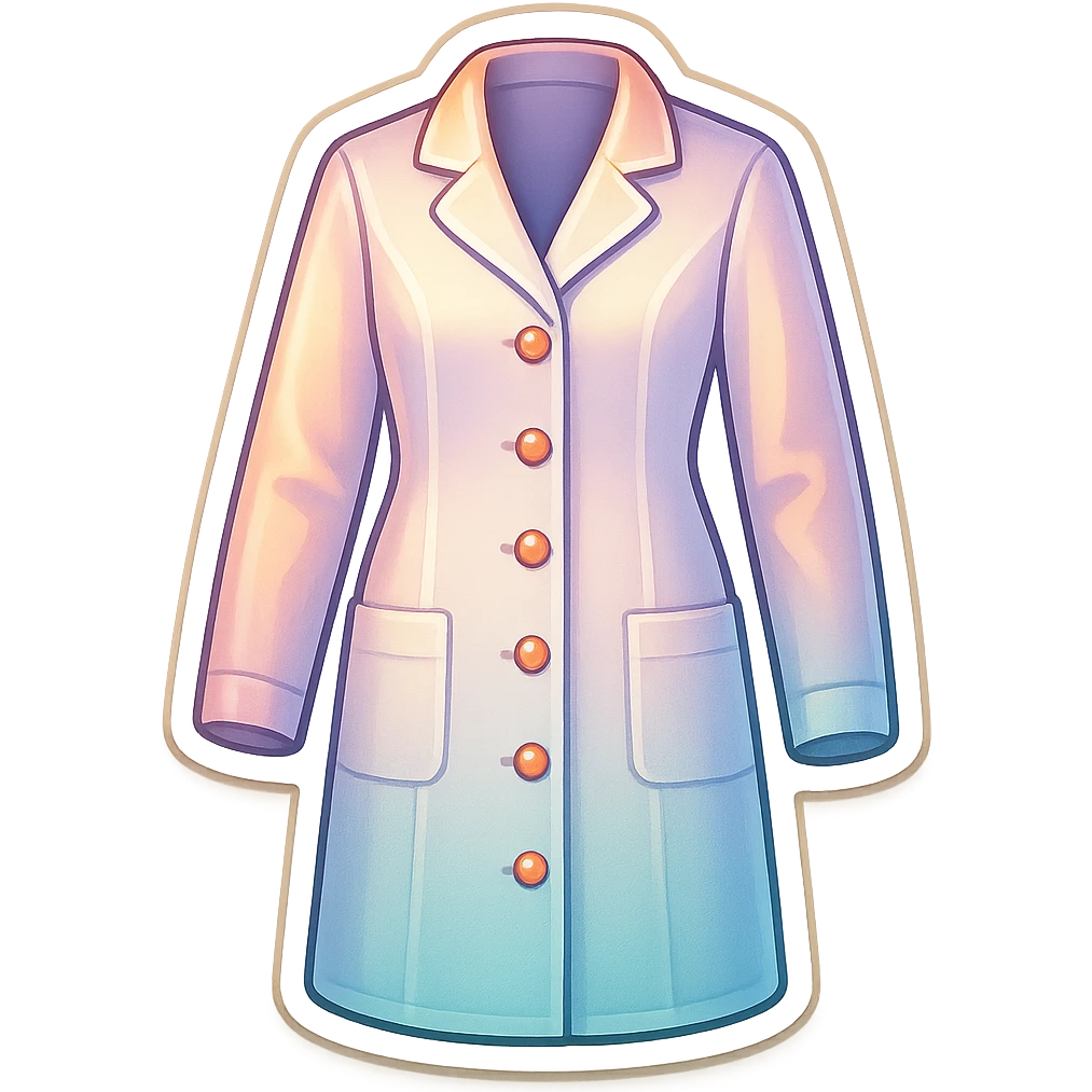 female medical coat full length, with buttons all along, retro stickers style, soft rounded shapes, clean contours, pastel palette, shadows and highlights, modern illustration, transparent background emoji
