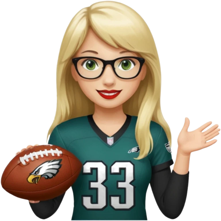 full length women wearing eagles uniform, long blonde hair, bangs, green eyes, black glasses, holding football, number 33, smiling, lipstick emoji