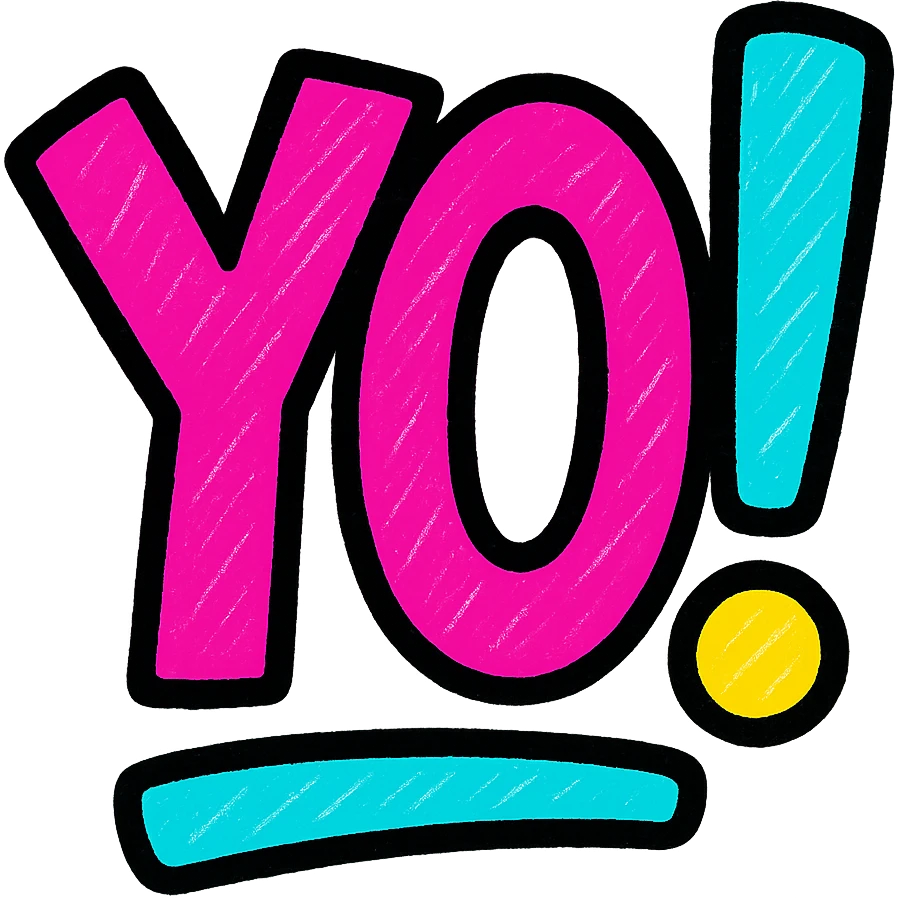 the word 'YO!' in purple, handwritten style, fun and easy to read emoji