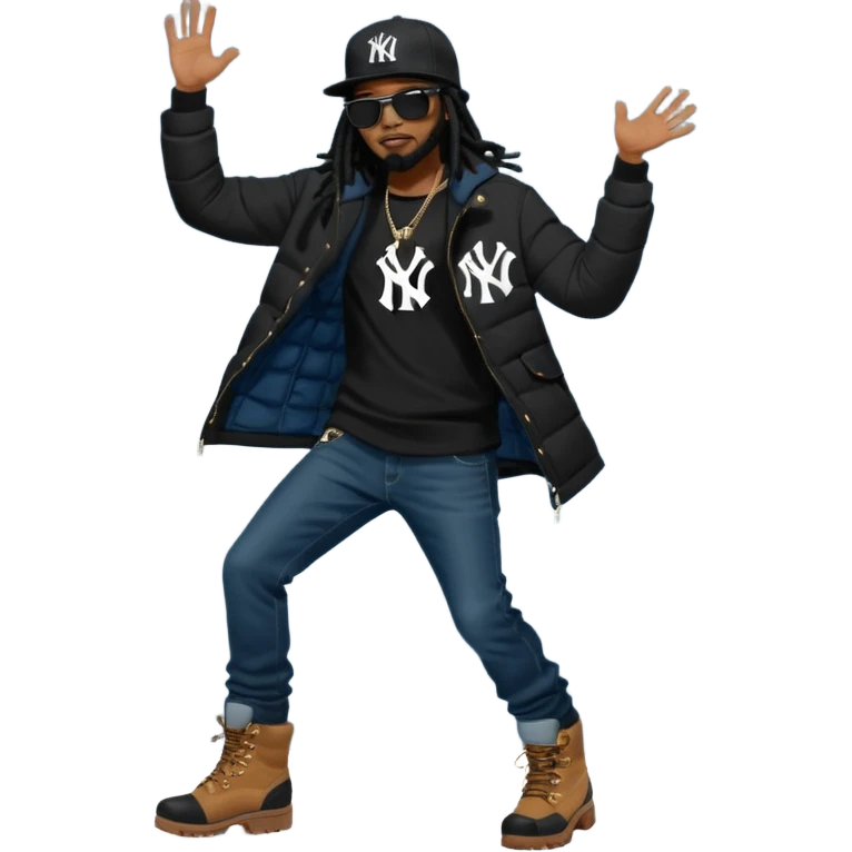 African American man with shoulder length black dreadlocks and black sunglasses wearing a black New York Yankees baseball hat with a North Face brand bubble winter coat with denim skinny jeans and timberland boots dancing emoji