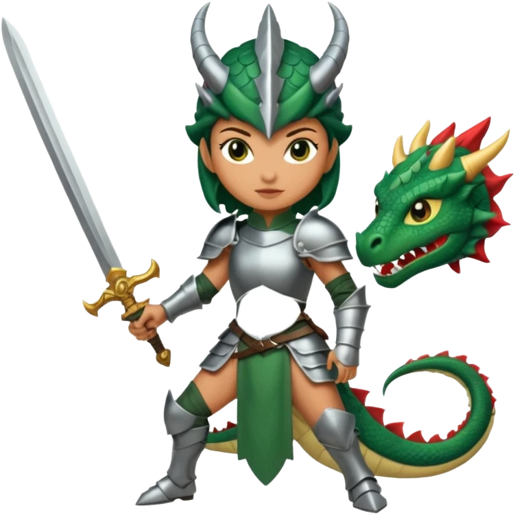 Fierce Latina in armor with a sword cutting off the head of a dragon emoji