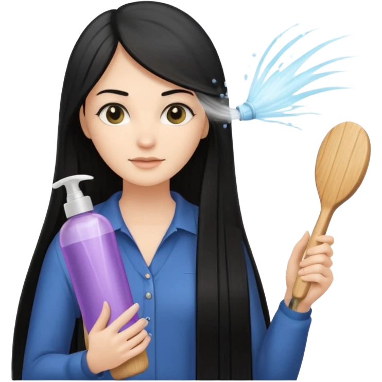 A white woman with long, straight black hair, holding a wooden paddle hairbrush in her left hand and spraying a hair mist bottle with her right hand toward her hair. emoji