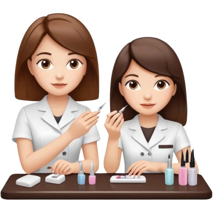 A realistic illustration of a girl with medium-length thick brown hair sitting at a manicure table. Another girl is carefully doing her nails, using professional manicure tools. Soft natural lighting, clean salon environment, detailed hands and nail work, warm and pleasant atmosphere. emoji