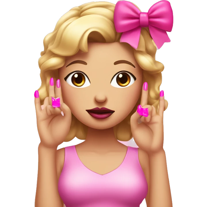 Frown face holding up the middle finger with pink nails and with big pink lip gloss with bows on the head emoji