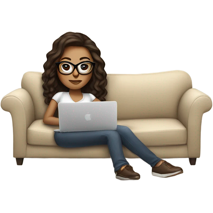brunette girl laying on a cream colored couch with brown pillows with glasses on and a laptop on small table in front with coffee cup on mouse pad emoji