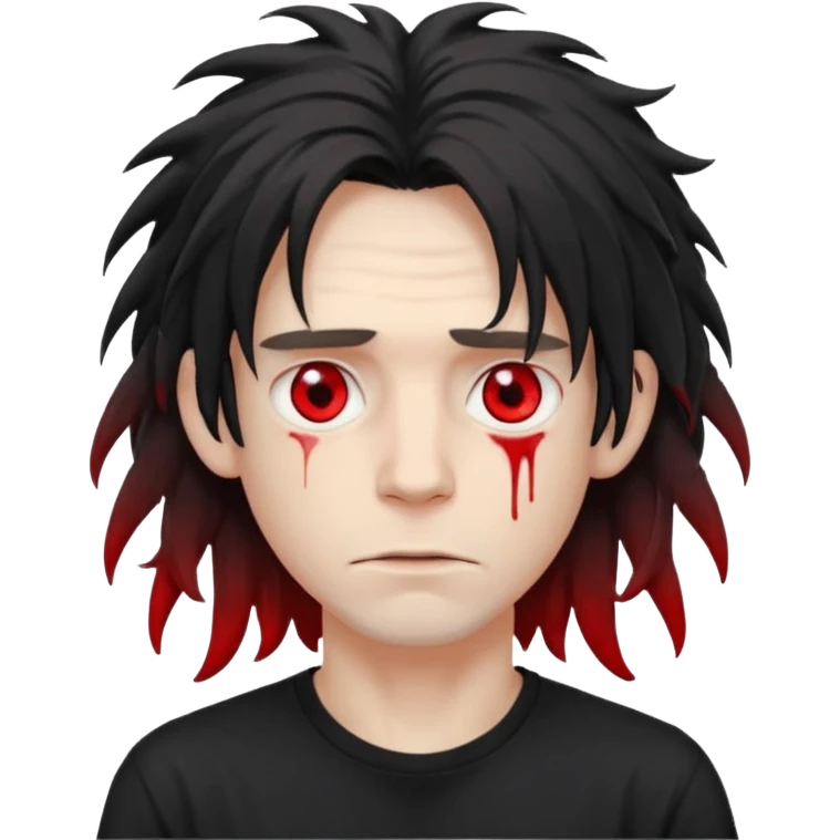 Парень с бледной кожей и красными глазами,  чёрные длинные растрёпанные волосы до ушей, в черной футболке  emoji