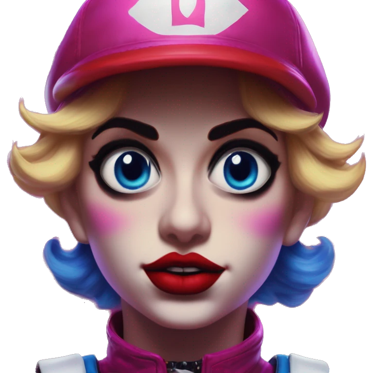 Synthwave Mario in Harley Quinn style, oil paint, mysterious eyes, intricate lips, masterpiece portrait, odd perspective, beautiful, desirable, logical emoji