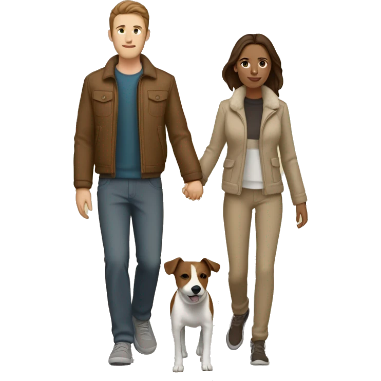 Couple with brown hair and beige jackets and brown pants holding hands on a late night walk with a jack russell terrier emoji
