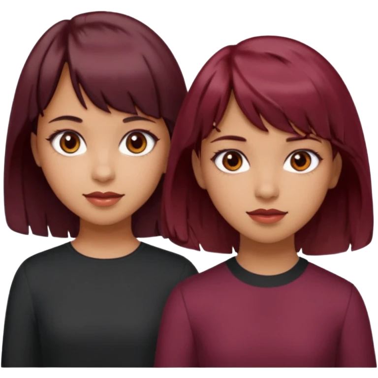 2 girls both tan skin. One with short length wavy burgundy hair, bangs and brown eyes, the other with medium length black hair with brown eyes  emoji