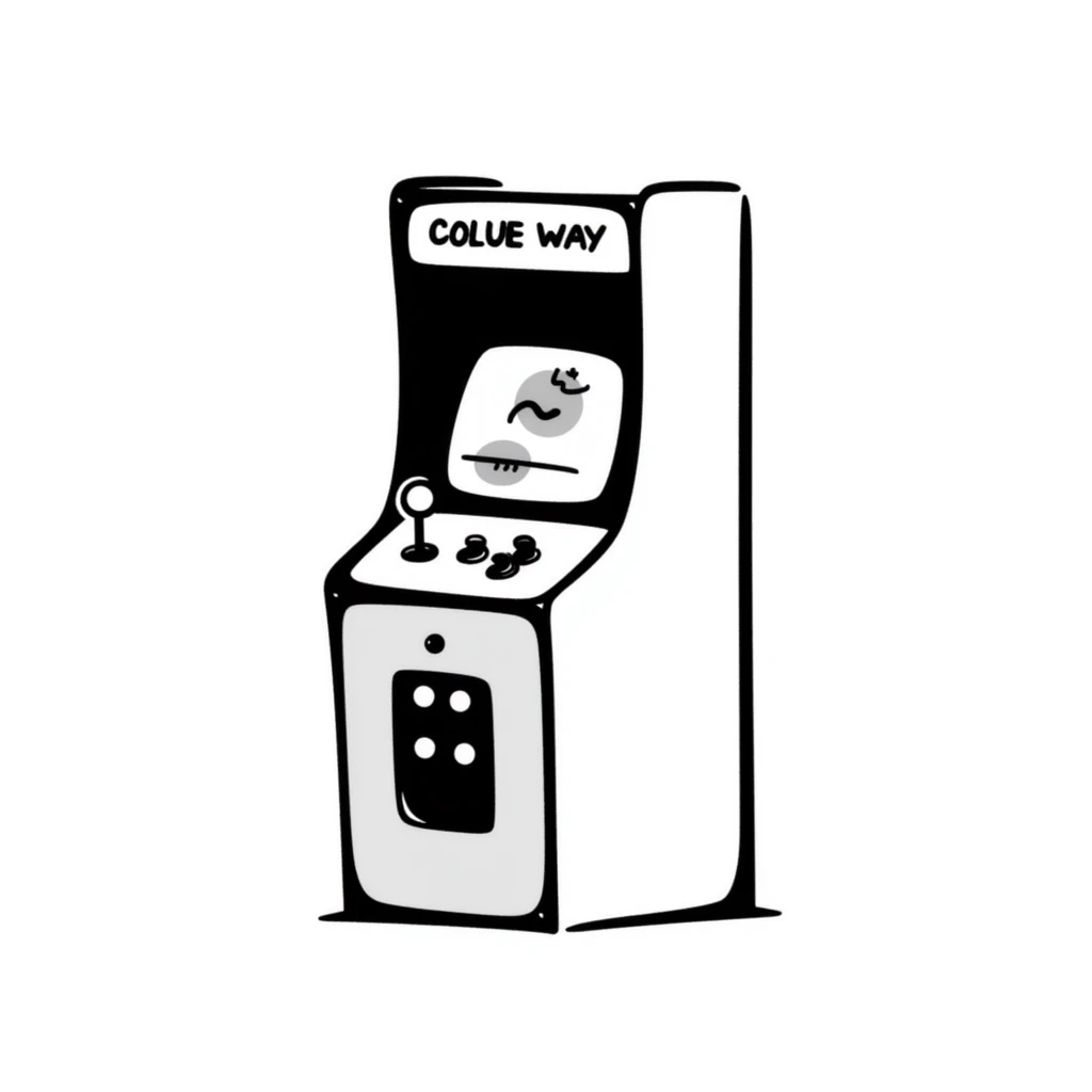 A hand-drawn arcade machine with sketchy joystick and game elements emoji