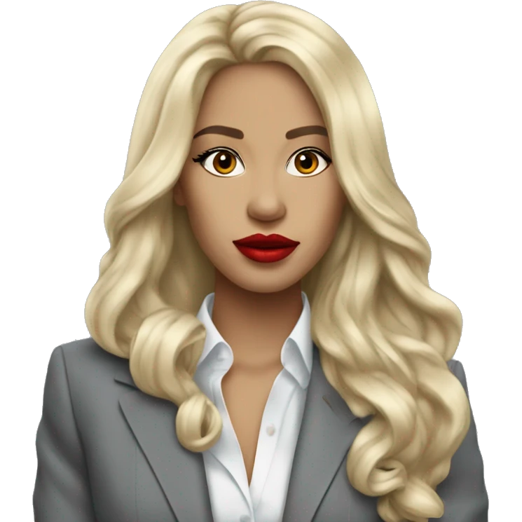 Blonde long hair with red lips Tiffany diamond seller in a grey suit emoji