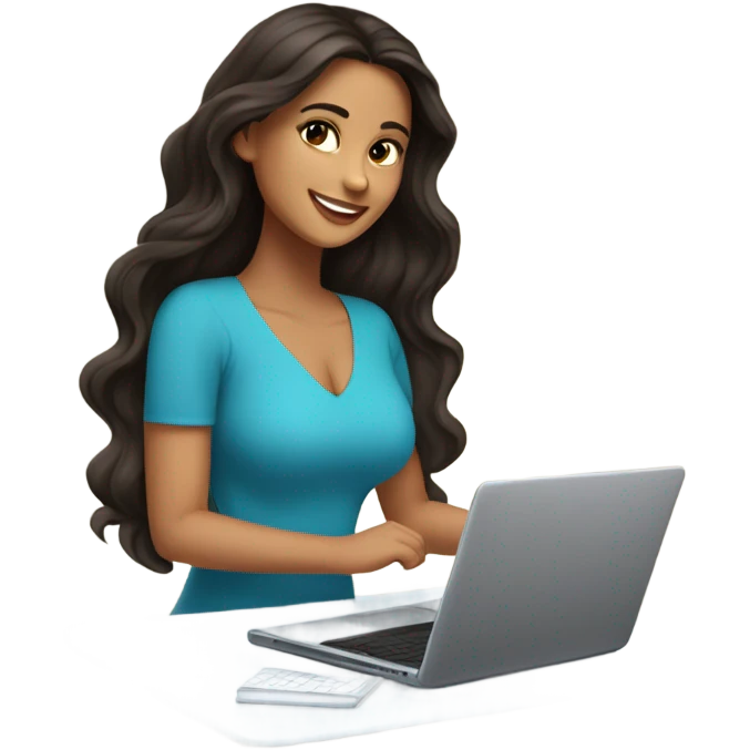Beautiful girl smiling, dark brown hair,wavy hair，long hair,Black eyes,Latina, typing on laptop  emoji