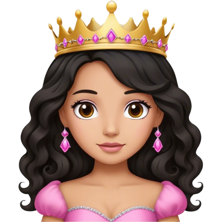 Very tanned princess, with long black wavy hair and a crown, a pink princess Outfit. In love emoji