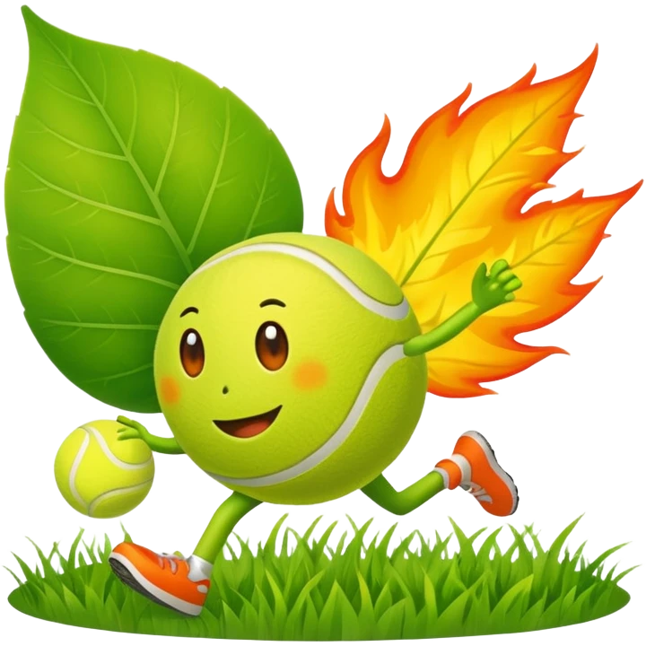 cartoon characters from bfdi, including a leaf, fire, and tennis ball, happily running in a grassy field emoji