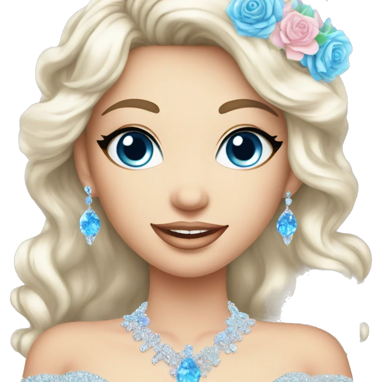 Gorgeous pastel Lady with blue eyes in a sparkly shiny dress with tiara and necklace and flowers behind her and trending  emoji
