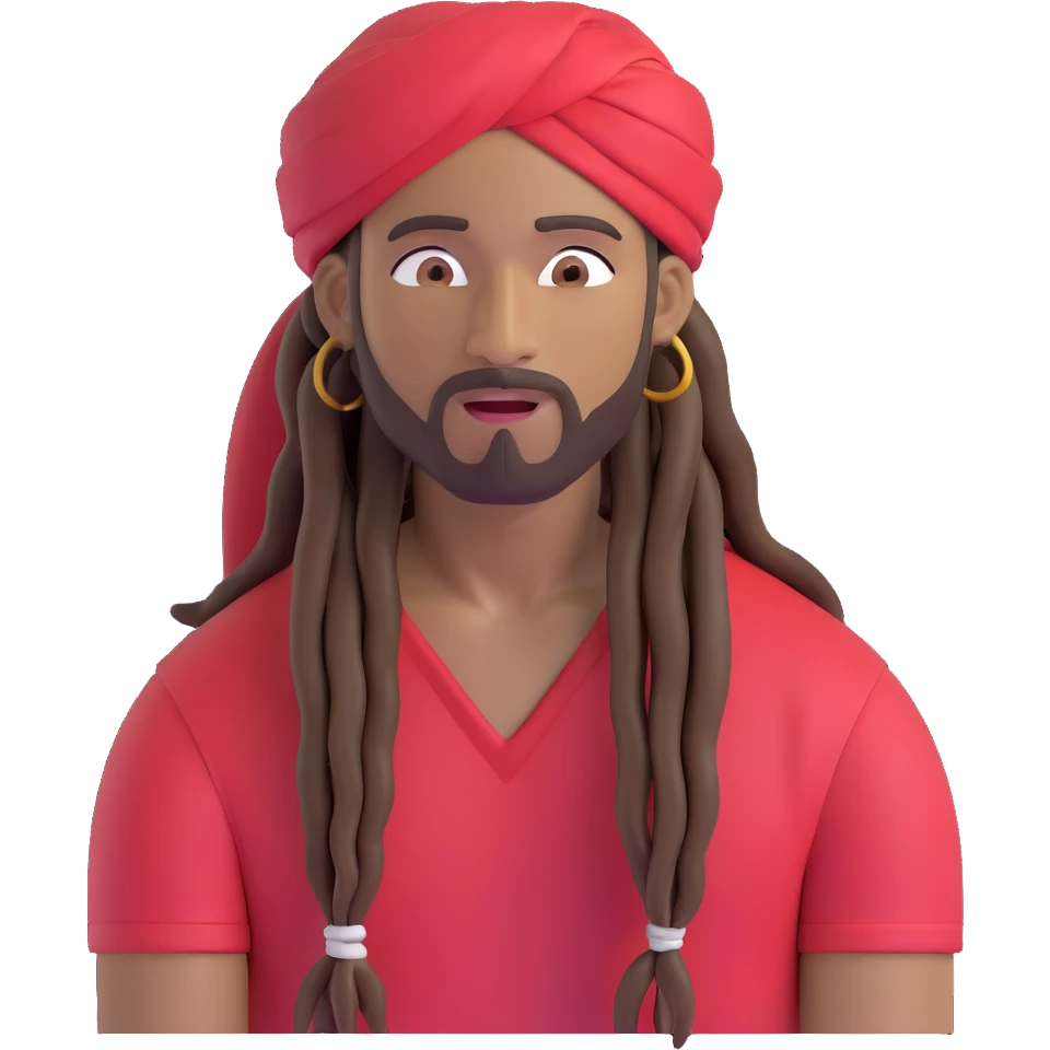 Brownskin man with long brown dreadlocks 
red t-shirt 
white turban 
expression is in love 
his eyes mouth open  emoji