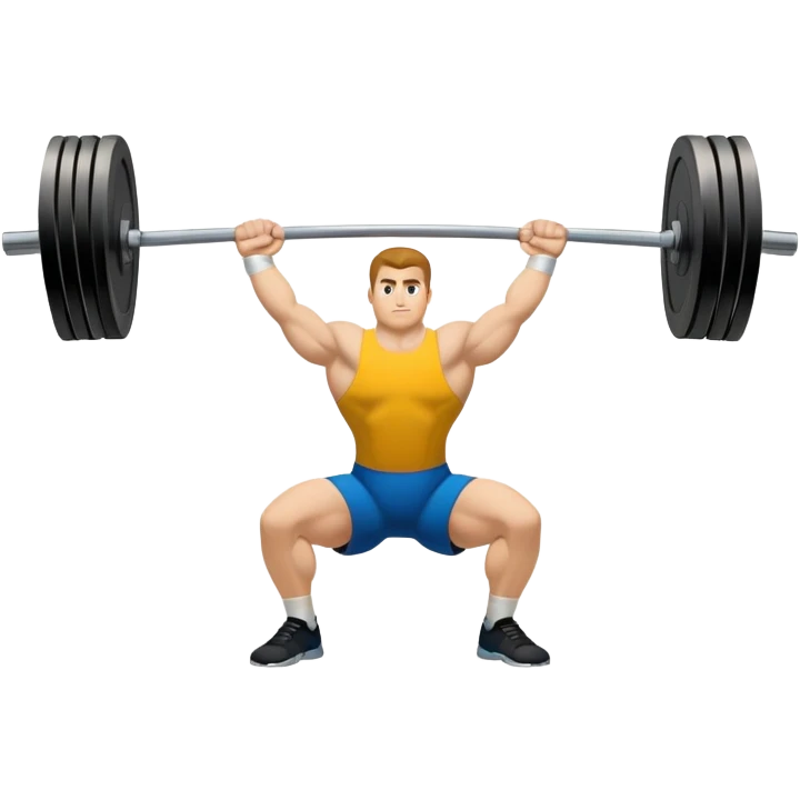 Emblem symbolizing weightlifting, featuring a barbell with heavy weights on either side, lifted above a strong, determined figure. The design conveys strength, focus, and the precision required in the sport. The barbell is centered, with a dynamic, bold style to emphasize power and athleticism.  emoji