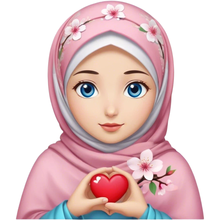 Turkish beautiful finish Konya girl blue eyes with cherry blossom flower design hijab and hold heart in her hand  emoji