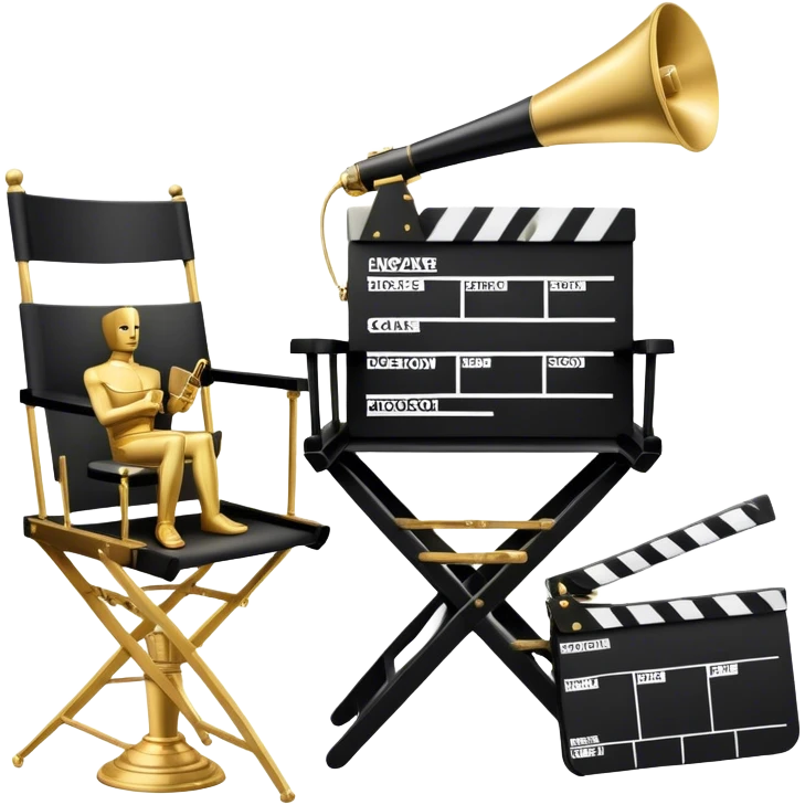 Icon for Directing: professional collage with director's chair, a film slate, a megaphone and an Oscar statuette. The icon should represent the creative and leadership aspects of directing, with focus on film and theater production. Transparent background. emoji