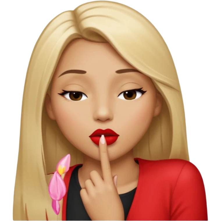 Mujer color de piel moreno claro, posicionada de lado, con cabello rubio largo, lacio y suelto, ojos negros, un ojo cerrado, mandando un beso de lado emoji