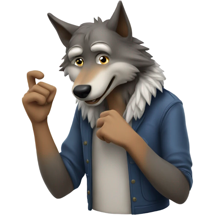 a somewhat surprised wolf twiddles his thumb at his temple emoji