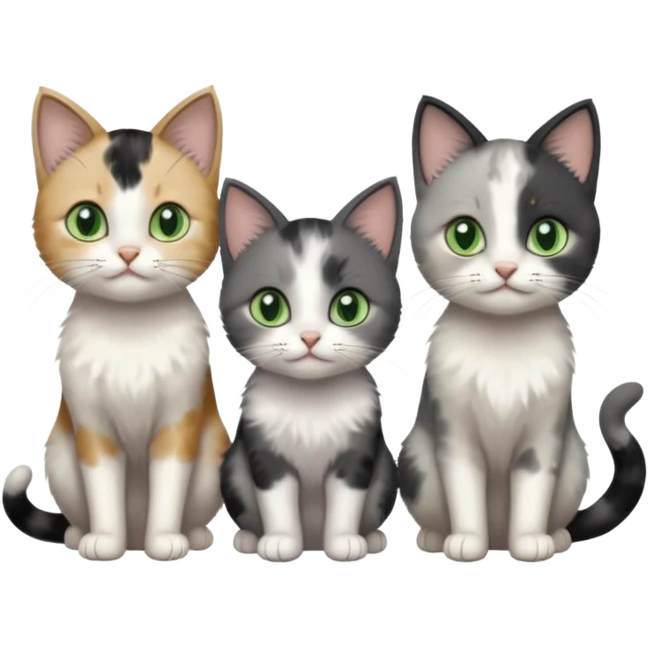 3 different coloured small cats including a dark grey and white, and a patchy calico and a completely solid dark grey with green eyes and only white paws emoji