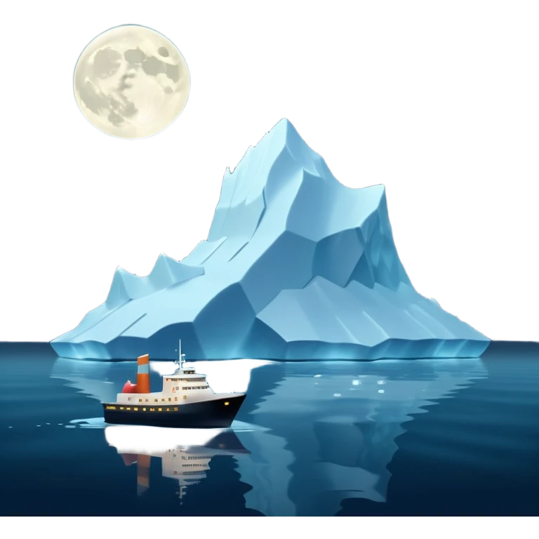 A 3D iceberg in Apple Memoji style, no face, smooth and glossy, floating in dark ocean at night, soft moonlight, subtle reflections, minimal style. A tiny ship in the distance approaching. Pixar-style render, cinematic and clean.
 emoji