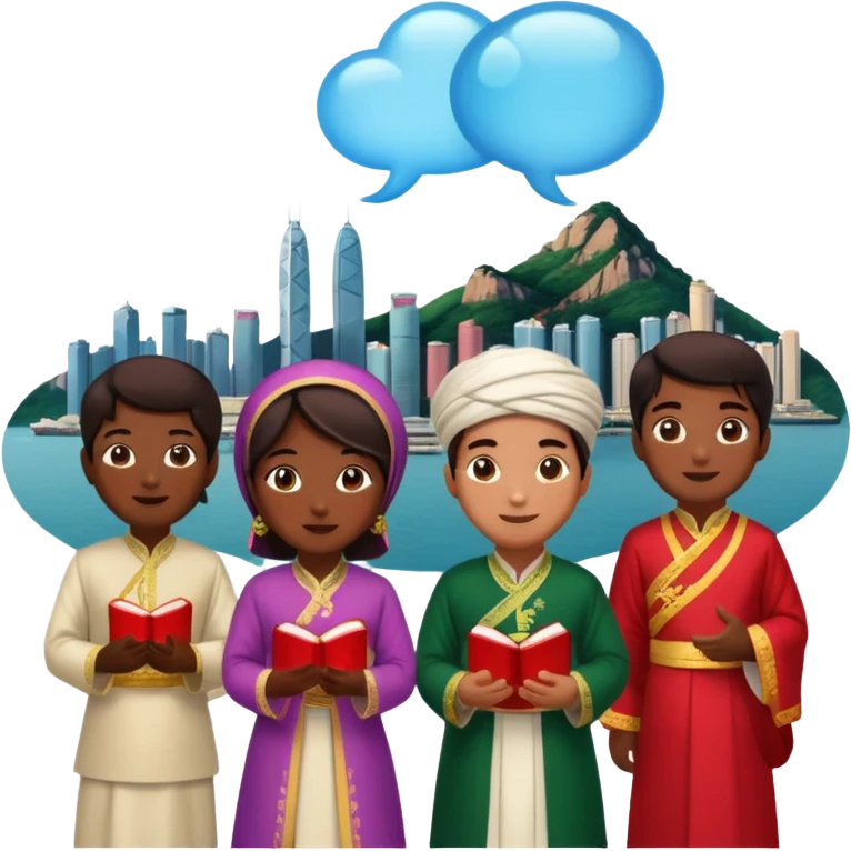 A group of Pakistani sitting around and sharing knowledge, with talking bubble of Hong kong scenary in it emoji