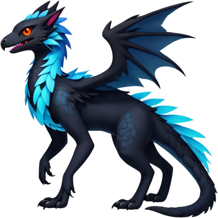 Black Dark Exotic Beaked Feathery Nocturnal Neon-glowing Abyssal Nightly Abyss-Cat-Gryphon-Salandit-Nargacuga-Silvally-Vernid-Sergal-Fakémon-Hybrid-Creature (full body) emoji