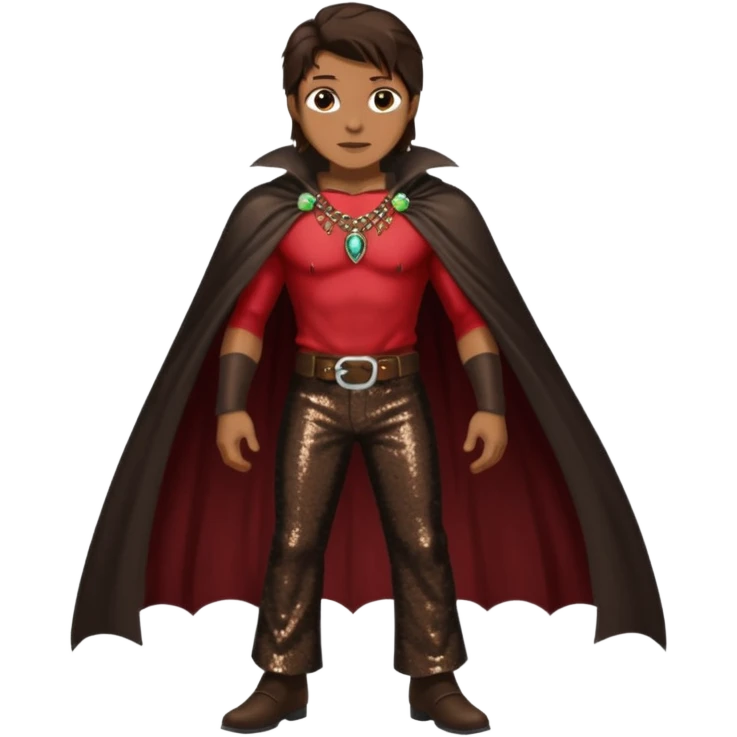 Vampire Hunter with long dark brown hair, dark brown sequin baggy pants, shirtless with necklace, dark brown sequin cape emoji