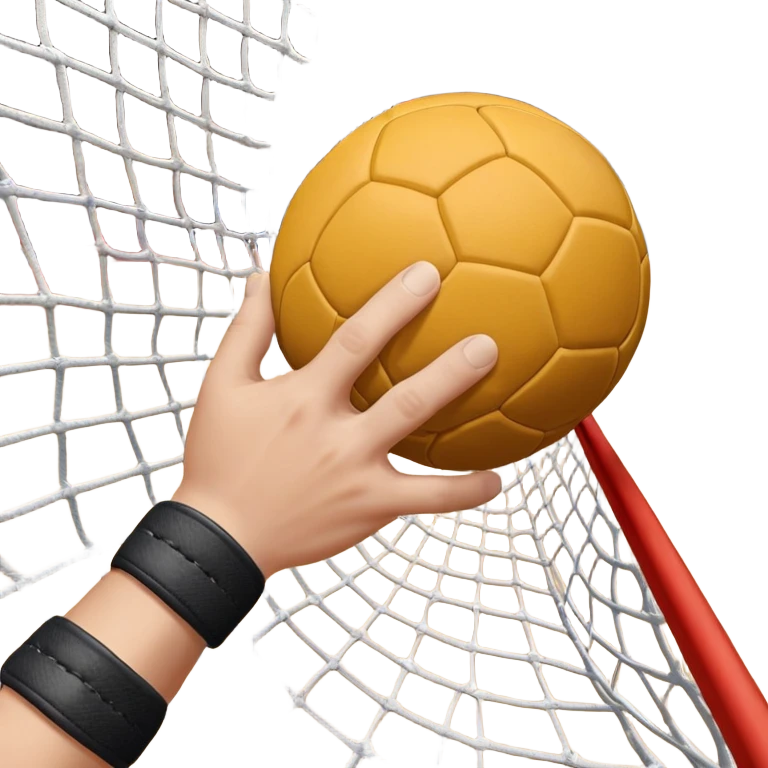 A close-up of a hand gripping a handball, with the handball gates visible in the background. The focus is on the texture of the ball and the strength of the grip, with the goal net slightly blurred to emphasize the anticipation of the throw. emoji