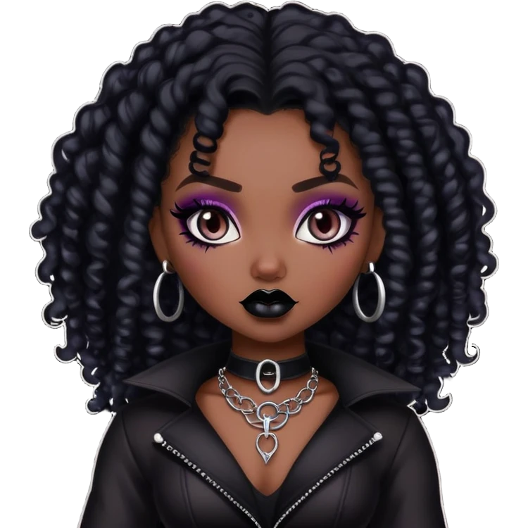 pretty bratz baddie, dark skin, black curly hair, gothic style emoji