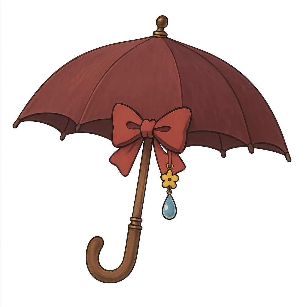 Add accessories such as a bow, charm, and raindrop keychain to the vintage burgundy umbrella. Keep the Ghibli style. Remove the background. emoji