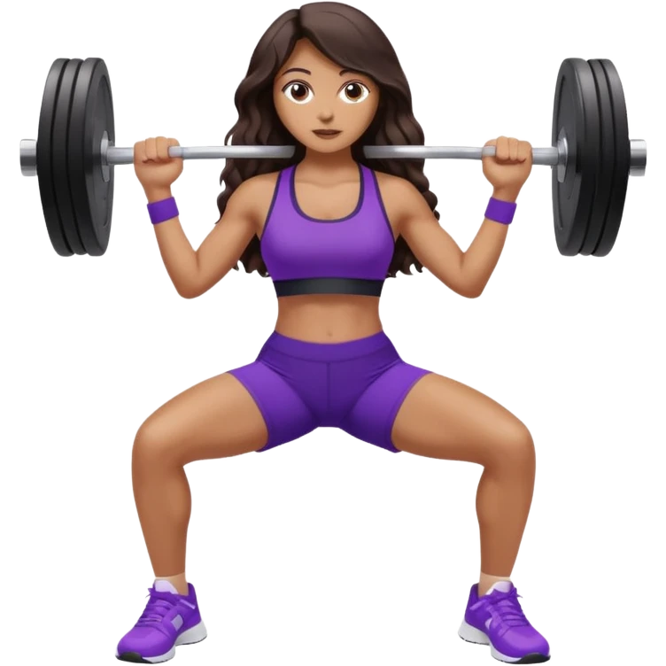 mujer de tez trigueña, con cabello castaño oscuro ondulado no muy marcado, con el cabello hasta las nalgas super largo estilizado, con ropa deportiva morada/lila, tenis blancos deportivos y levantando una pesa emoji