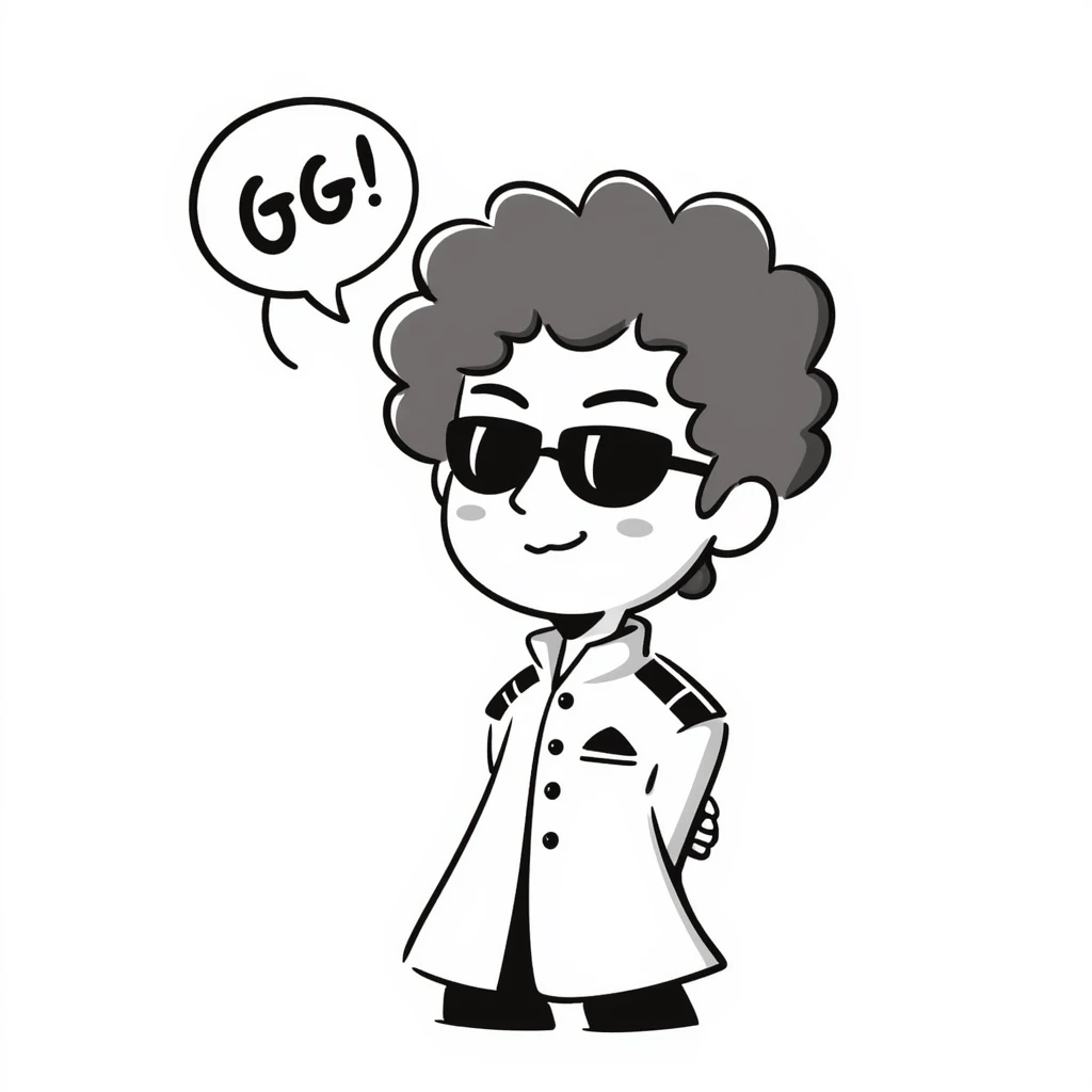 chibi Aizen from Bleach, exaggerated proportions, confident smirk, 'GG' in a speech bubble, white captain's uniform, brown hair, glasses, hands behind back, adorable and sly chibi style emoji