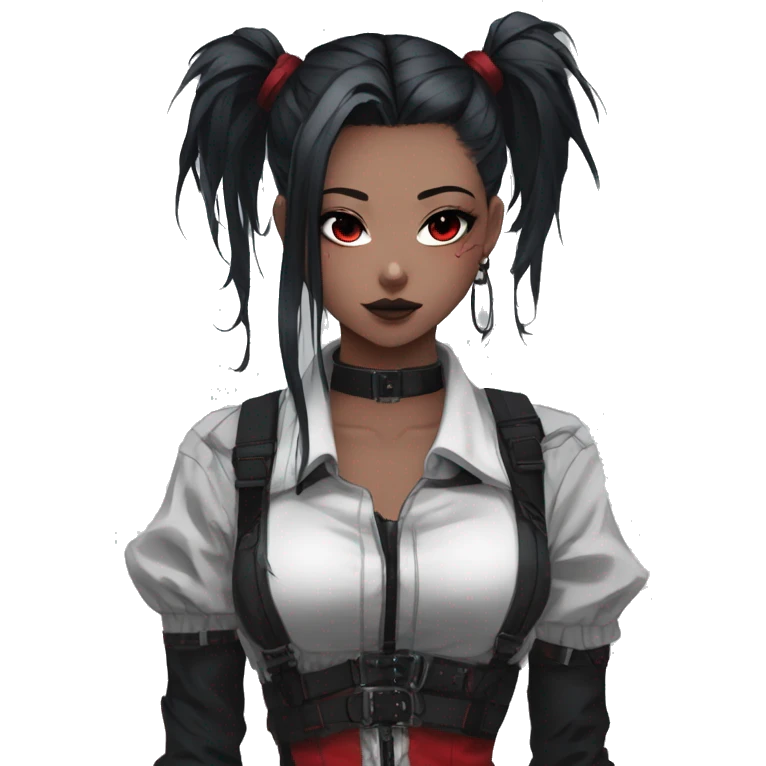 Gorgeous gothic dark techwear anime style lady with blushing face aesthetic and pretty edgy black red punk messy ponytail hair with collar and harness trending style emoji