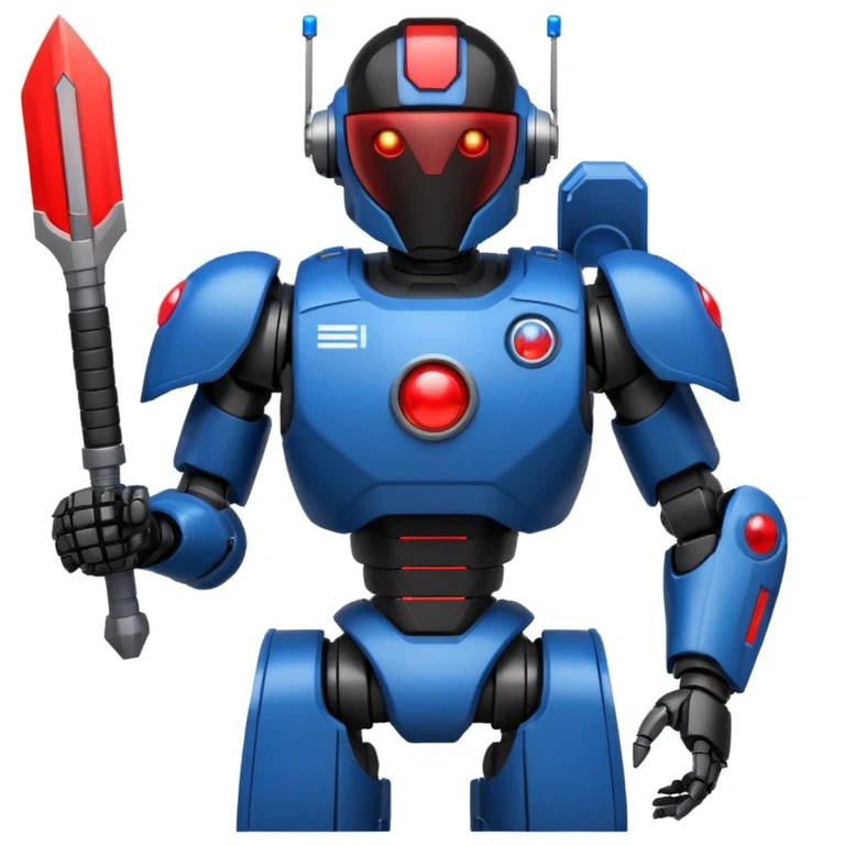 sci-fi black armored robot with red and blue shoulder lights, space station background, stats panel with sword icon, red orb icon, blue shield icon, all in apple emoji style emoji
