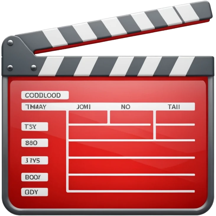 Glossy bright red clapperboard in the classic style of Apple icons: the top bar is tilted up-left, the body and bar with a deep glossy glare, dark gray edging, black background inside, perfectly square with rounded corners. emoji